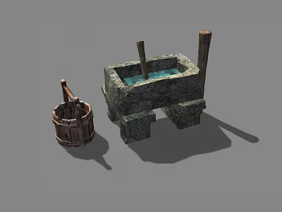Rustic Garden Decor With Stone Basin Water Wooden Stick And Bucket 3d model