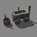 Rustic Garden Decor With Stone Basin Water Wooden Stick And Bucket