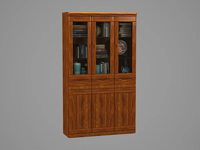 Wooden Classic Bookcase With Glass Doors Shelves Books And Decorative Items 3d model