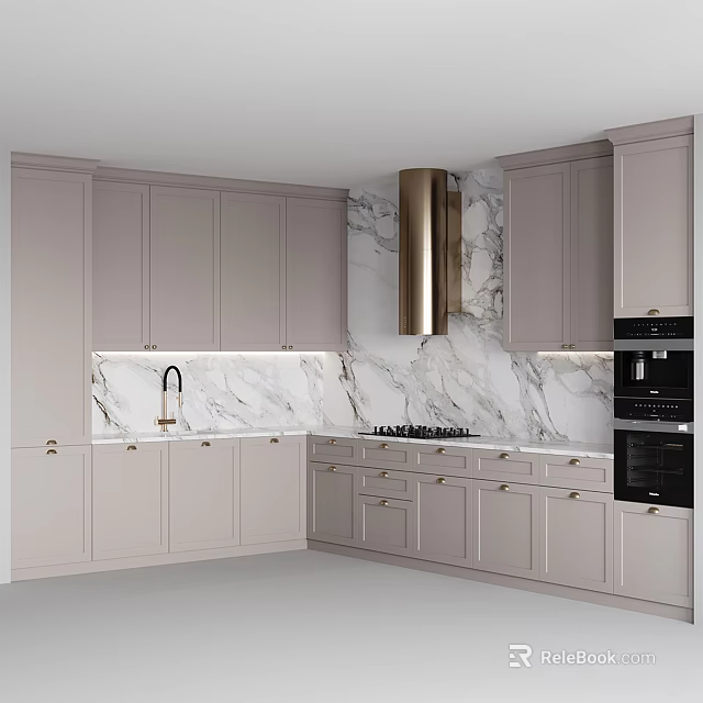 Elegant Modern Kitchen Interior With Marble Backsplash Grey Cabinets And Gold Accents 3d model 