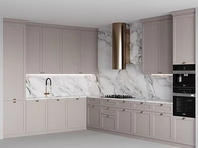 Elegant Modern Kitchen Interior With Marble Backsplash Grey Cabinets And Gold Accents 3d model