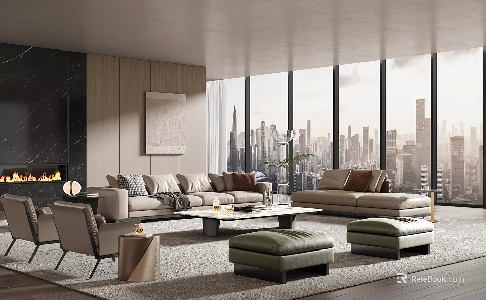 Modern Living Room Interior With Large Windows City View Comfortable Sofa And Ottoman 3d model 