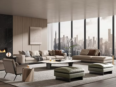 Modern Living Room Interior With Large Windows City View Comfortable Sofa And Ottoman 3d model