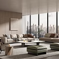 Modern Living Room Interior With Large Windows City View Comfortable Sofa And Ottoman