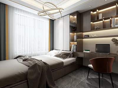 Tatami Bedroom Interior Design With Cozy Bed Large Window Wooden Desk And Storage Cabinets 3d model