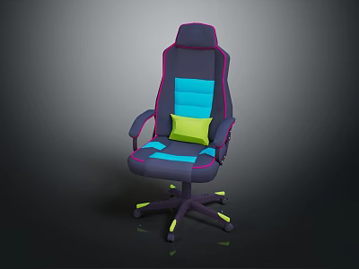 Ergonomic Gaming Chair With Black Pink Blue Accents And Yellow Cushion Wheels 3d model
