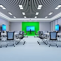 School Modern Classroom Featuring Neatly Arranged Desks Chairs Large Screens And Ceiling Lights