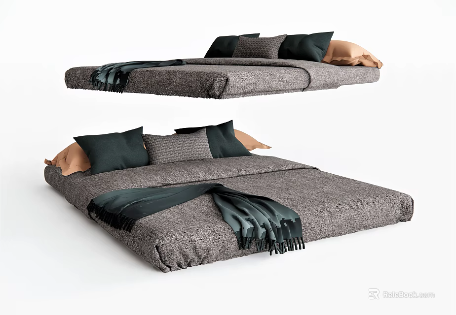 Modern Gray Double Bed With Black Gray Beige Pillows And Throw Blanket 3d model