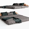 Modern Gray Double Bed With Black Gray Beige Pillows And Throw Blanket 3d model