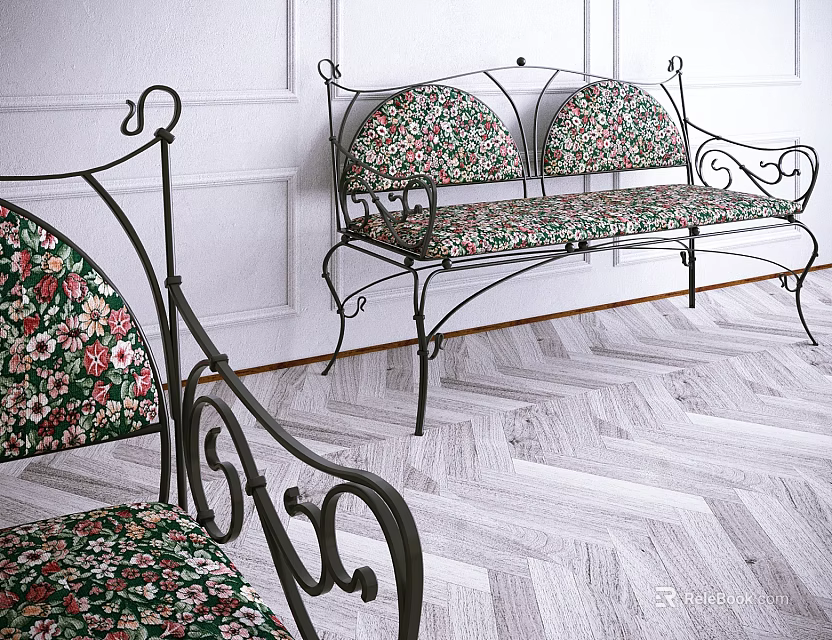 Iron Frame Two Seater Sofa With Floral Cushions Against White Wall And Herringbone Wooden Floor 3d model 