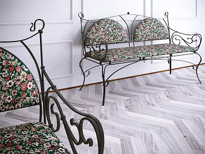 Iron Frame Two Seater Sofa With Floral Cushions Against White Wall And Herringbone Wooden Floor 3d model