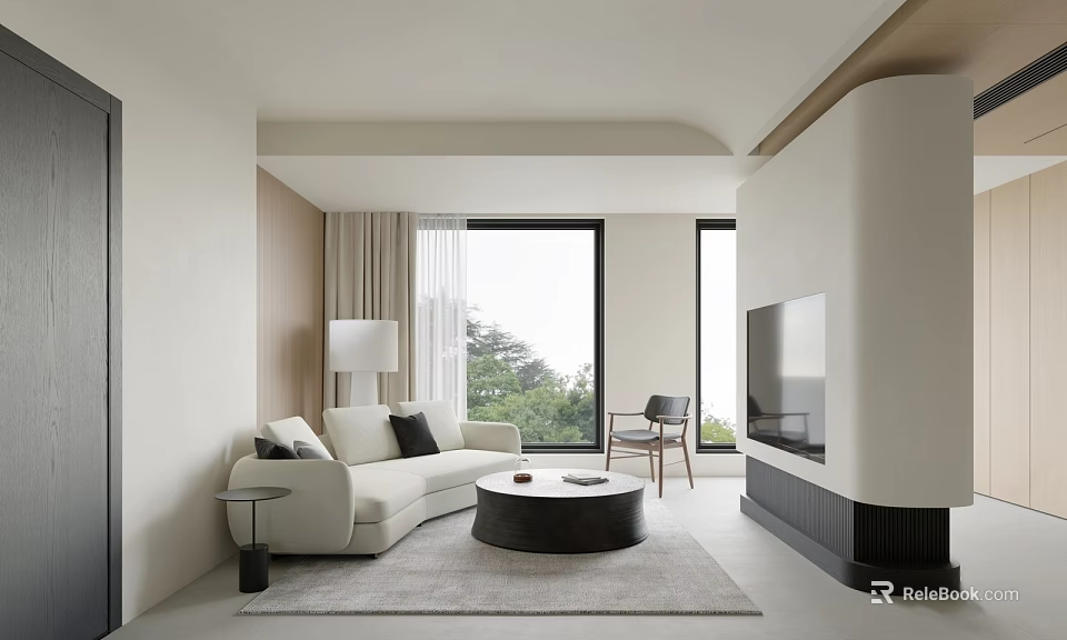 Minimalist Living Room With Beige Sofa Black Round Coffee Table Large Windows And Wooden Accents 3d model 
