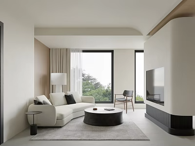 Minimalist Living Room With Beige Sofa Black Round Coffee Table Large Windows And Wooden Accents 3d model