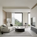 Minimalist Living Room With Beige Sofa Black Round Coffee Table Large Windows And Wooden Accents