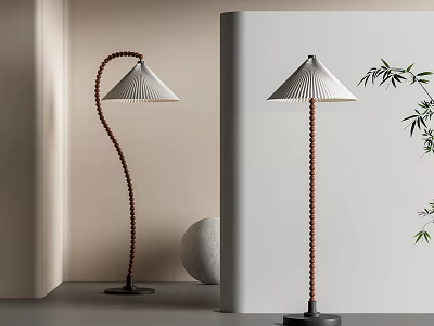 Modern Floor Lamps with Curved Straight Stands Pleated Shades in Minimalist Interior Bamboo Plant 3d model