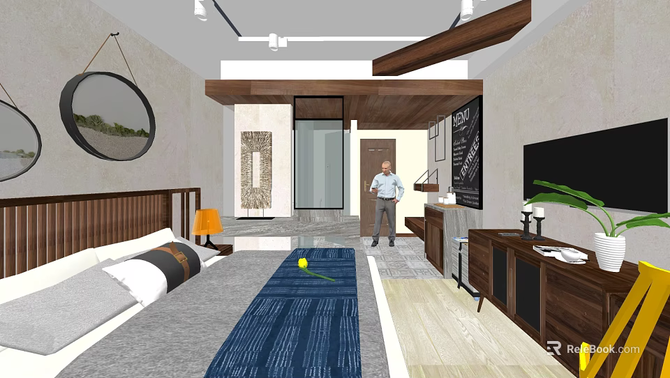 Modern Hotel Room Interior With Comfortable Bed Wooden Furniture And Decorative Elements 3d model 