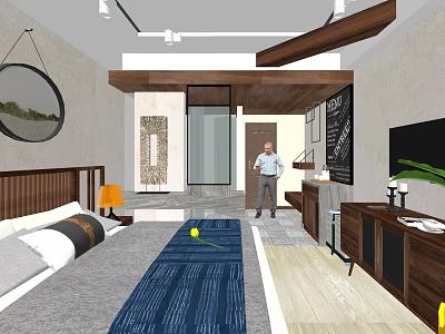 Modern Hotel Room Interior With Comfortable Bed Wooden Furniture And Decorative Elements 3d model
