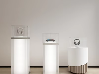 White Display Stands With Transparent Cases For Headphones And Game Controller 3d model