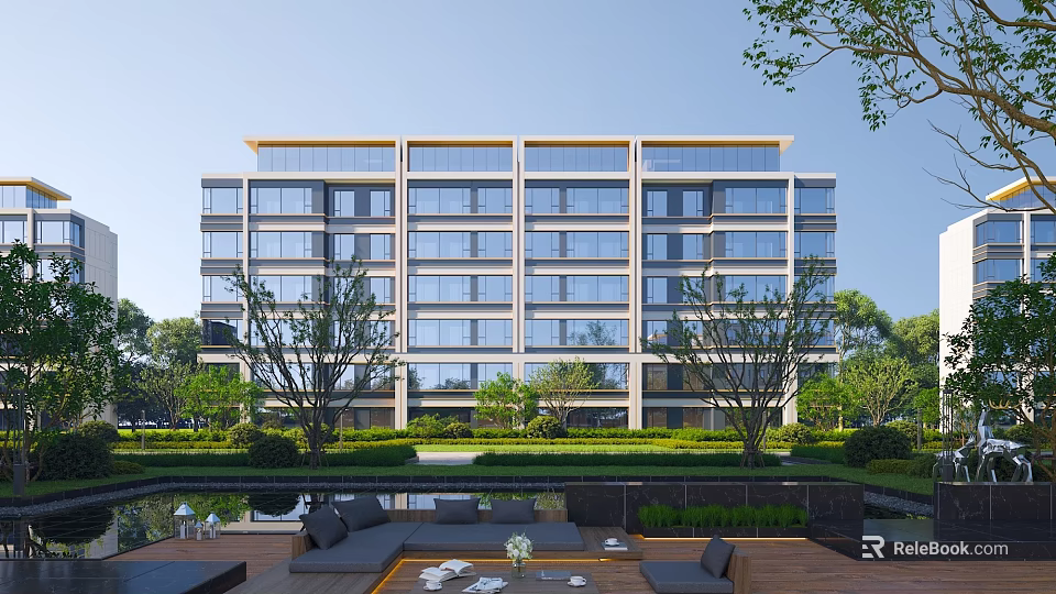 Modern Residential Building With Glass Facade And Landscaped Courtyard Greenery Outdoor Space 3d model 