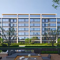 Modern Residential Building With Glass Facade And Landscaped Courtyard Greenery Outdoor Space