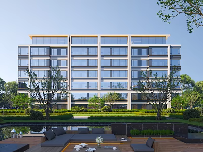 Modern Residential Building With Glass Facade And Landscaped Courtyard Greenery Outdoor Space 3d model