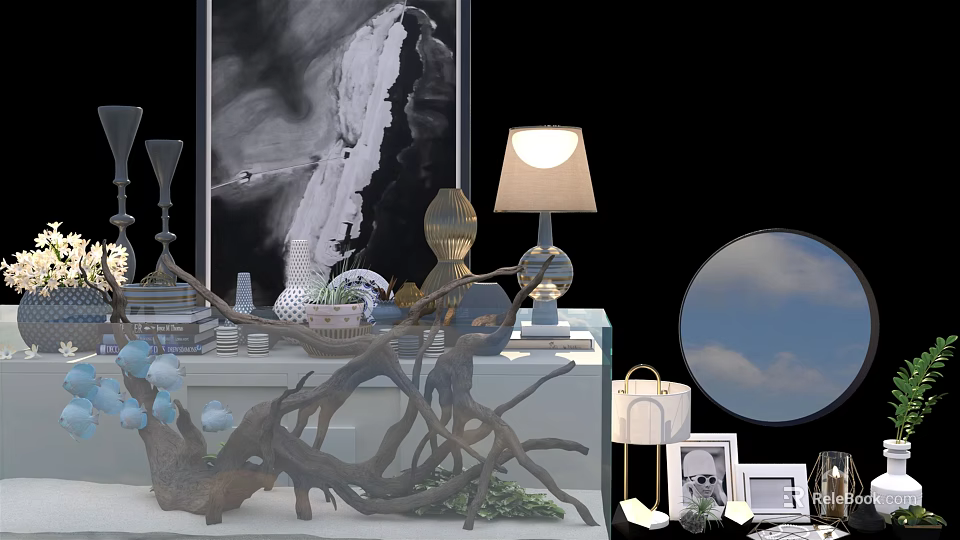 Modern Decorative Ornament Set With Table Lamp Vase Driftwood Sculpture Mirror And Photo Frame 3d model 