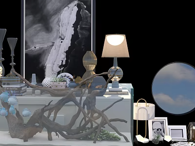 Modern Decorative Ornament Set With Table Lamp Vase Driftwood Sculpture Mirror And Photo Frame 3d model