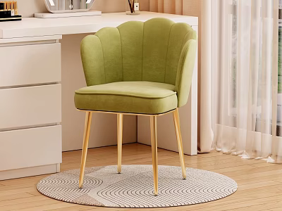 Green Scalloped Back Velvet Accent Chair With Gold Legs On Round Rug Beside White Dresser 3d model