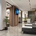 Contemporary Lobby With Sofa Plants TV LOGO Wall Wooden Panels And Marble Floor