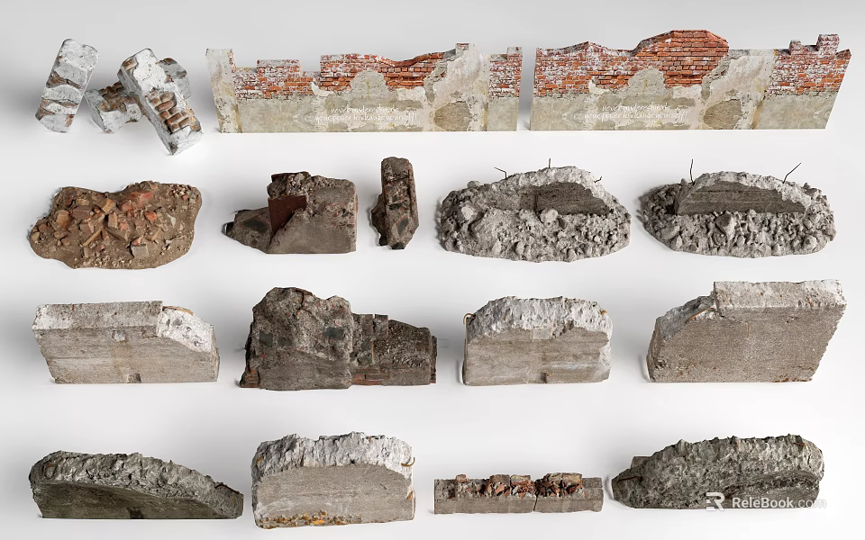Vintage Architectural Debris Featuring Broken Bricks And Concrete Pieces 3d model