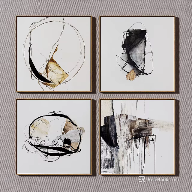 Modern Abstract Paintings With Gold Frames And Neutral Tones For Wall Decor 3d model