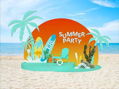 Summer Beach Party Setup With Palm Trees Surfboards Blue Chair And Cactus 3d model