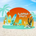 Summer Beach Party Setup With Palm Trees Surfboards Blue Chair And Cactus