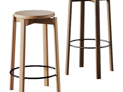 Modern Wooden Bar Stools With Round Seat And Black Metal Footrest Minimalist Design 3d model
