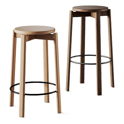 Modern Wooden Bar Stools With Round Seat And Black Metal Footrest Minimalist Design 3d model