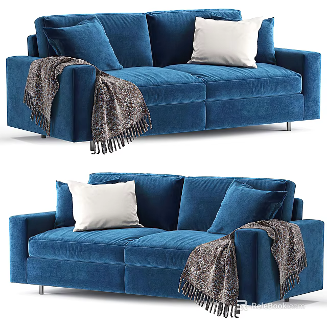 Cozy Blue Velvet Two Seater Sofa With White Pillows And Fringed Blanket 3d model 