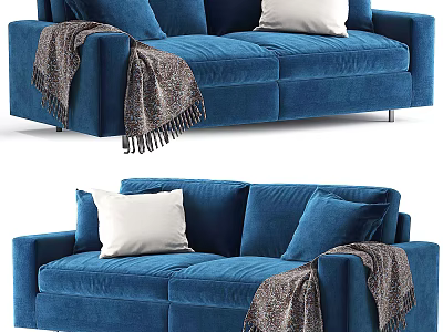 Cozy Blue Velvet Two Seater Sofa With White Pillows And Fringed Blanket 3d model