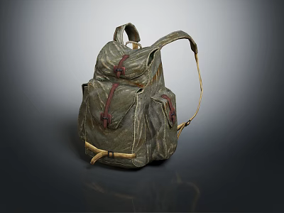 Durable Canvas Backpack In Dark Green With Multiple Pockets And Leather Straps 3d model