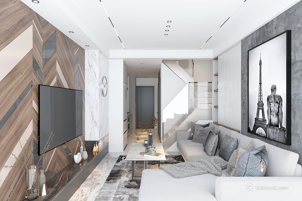 Modern Light Luxury Living Room With Chevron Wood Feature Wall And Comfy Light Fabric Sofa 3d model 