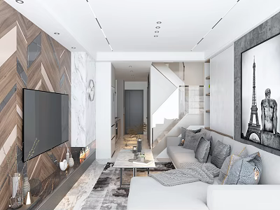 Modern Light Luxury Living Room With Chevron Wood Feature Wall And Comfy Light Fabric Sofa 3d model