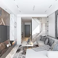 Modern Light Luxury Living Room With Chevron Wood Feature Wall And Comfy Light Fabric Sofa