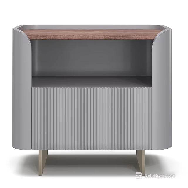 Modern Elegant Grey Fluted Nightstand With Wood Top Open Storage Shelf And Sturdy Metal Legs 3d model 
