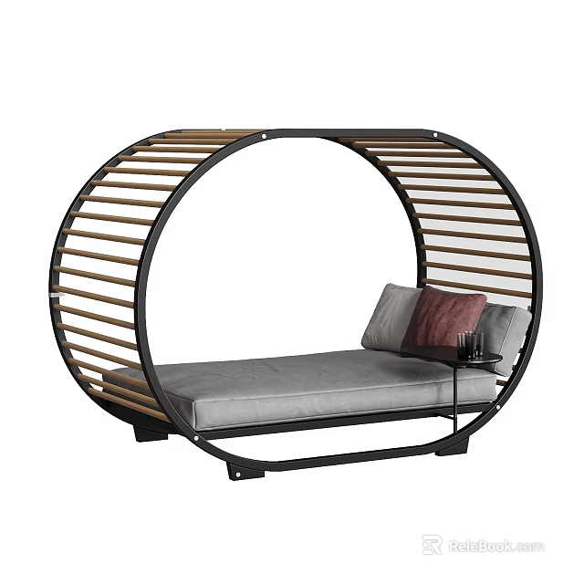 Modern Round Metal Frame Sofa Bed With Wooden Slats And Gray Cushion 3d model 