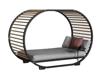 Modern Round Metal Frame Sofa Bed With Wooden Slats And Gray Cushion 3d model