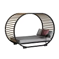 Modern Round Metal Frame Sofa Bed With Wooden Slats And Gray Cushion