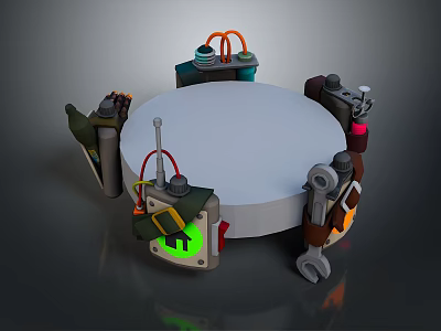 Weapon Mechanical Components On Circular Platform With Glowing Green Button Orange Tubes And Wrench Tool 3d model