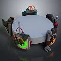 Weapon Mechanical Components On Circular Platform With Glowing Green Button Orange Tubes And Wrench Tool 3d model