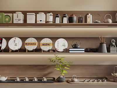 Traditional Chinese Tea Sets Featuring Tea Cakes Teapot Teacups and Decorative Plant on Display Shelf 3d model