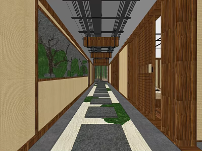 Elevator Hallway Design With Wooden Walls Stone Path And Green Plants 3d model