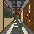 Elevator Hallway Design With Wooden Walls Stone Path And Green Plants